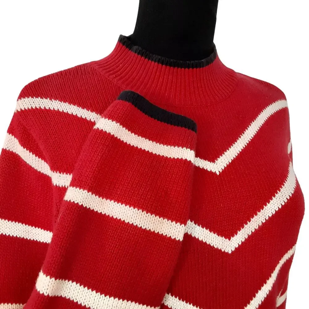 Vintage 80s Mock Neck Sweater Red White Chevron Pullover Nautical Stripe Preppy